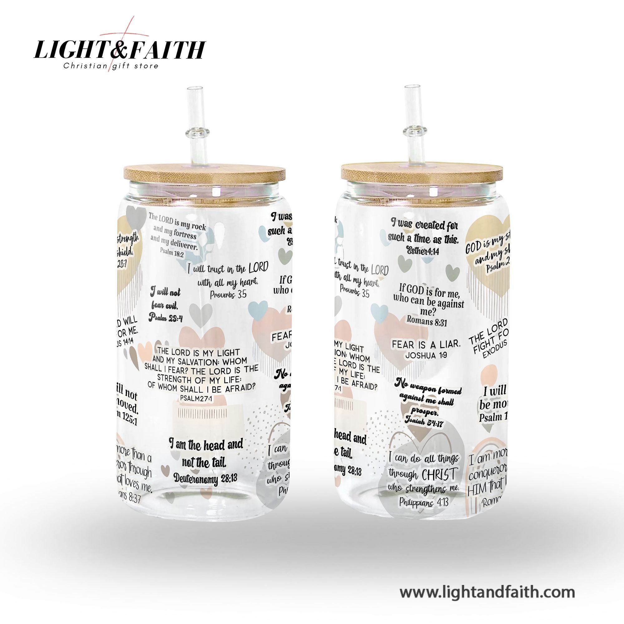 Christian Glass Can with Bamboo Lid and Straw, Bible Verse Heart Design Cup, Scripture Iced Coffee Tumbler, Faith Gift for Women GCLAF34